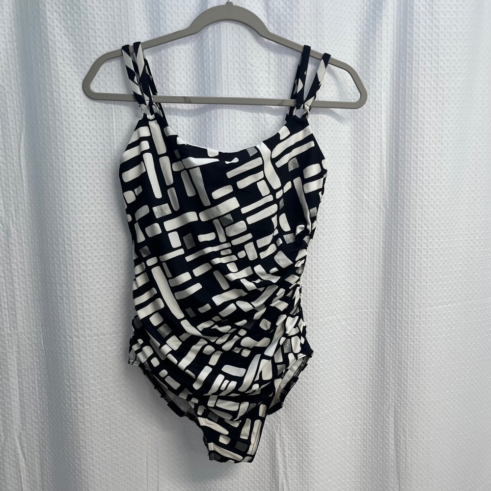 Miraclesuit Black White Geometric Metallic Ruched One Piece Swimsuit Size 12